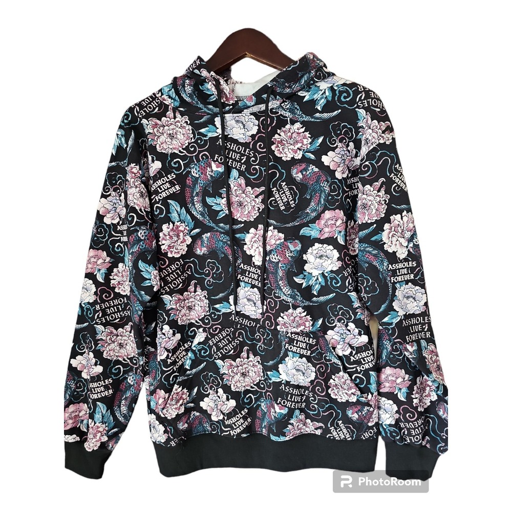 Stash Something in Me As#holes Live Forever Hoodie‎ Black Floral Allover Print S